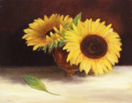 two sunflowers in a vase oil painting