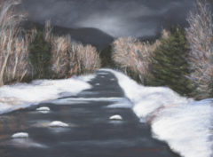 Pastel painting of a river with a dark sky and lit trees