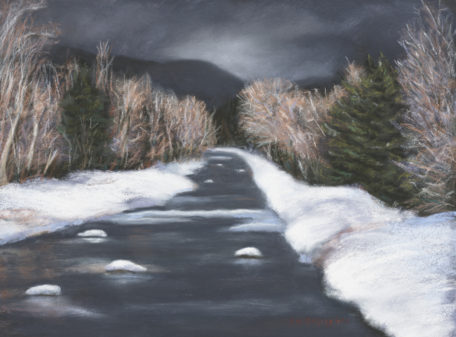 Pastel painting of a river with a dark sky and lit trees