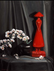 Lady in Red oil painting. A red statue with flowers