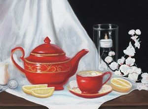 A red teapot with lemons and flowers on a white cloth pastel painting