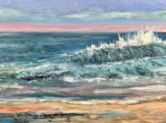 A lively ocean scene with a breaking wave painted with a palette knife in oil paints on canvas. 10x20 turquoise pink purple