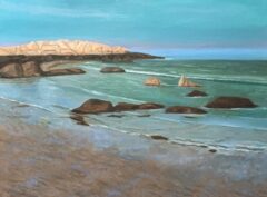 An oil painting of Wingaershek Beach in Gloucester at low tide with the sun hitting the rocks