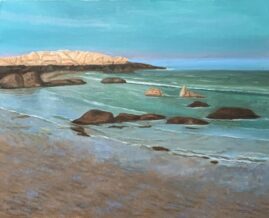 An oil painting of Wingaershek Beach in Gloucester at low tide with the sun hitting the rocks